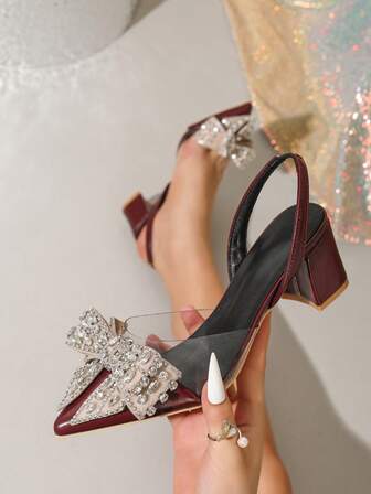 Autumn New Fashion Women's Pointed Toe Wedding High Heels, Thick Heel Burgundy Rhinestone Bowknot Casual Comfortable Shoes