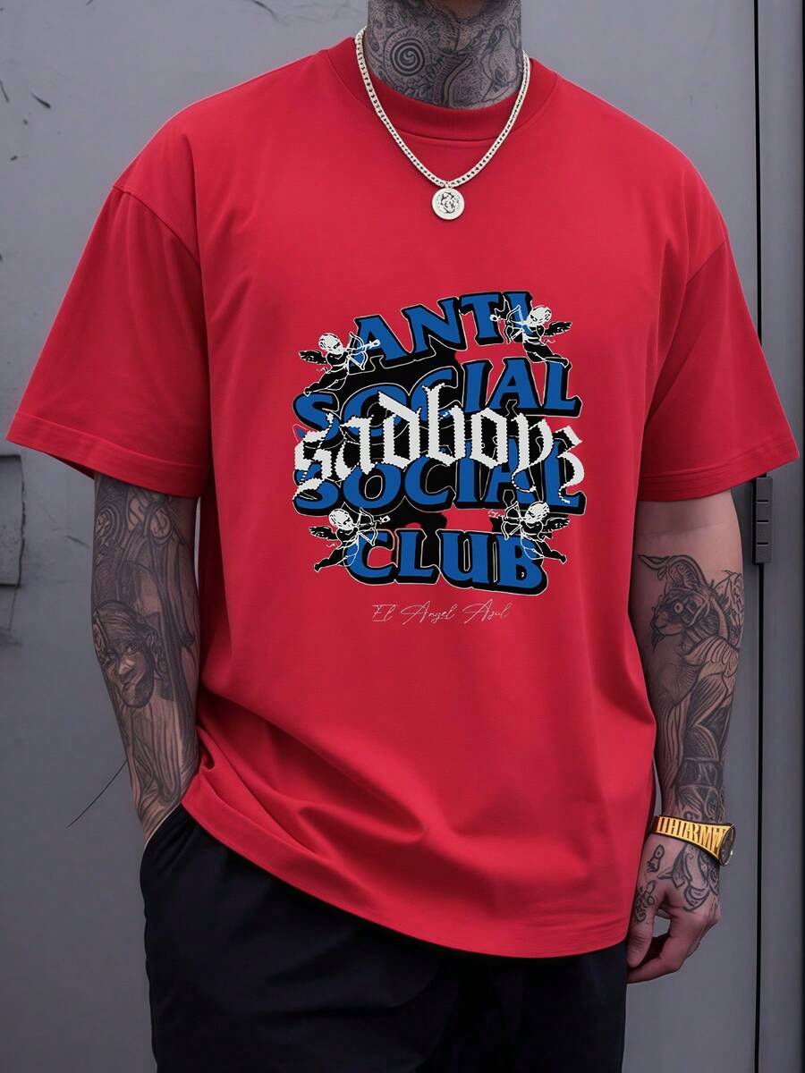 Anti Social Sadboys Club Text With Angels Sports TShirt 100% Cotton Gift For Boyfriend Representing Rebellious Youth Culture And A Bittersweet Sentimentality, Perfect Present - Đỏ - Xem 1