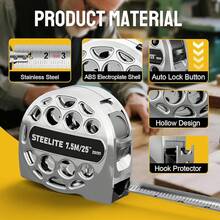 STEELITE Tape Measure 25'FT Foot/7.5M Stainless Steel Retractable Measuring Tape Carbon Fiber - Bright Silver - View 2