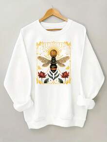 2025 Bee Floral Vintage Pattern Letter Print Code Round Neck Sweatshirt Casual Daily Wear - White - View 12