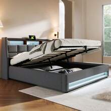 Double Bed With USB 140x200cm, LED Double Bed With Metal Frame, Bed Frame Made Of Linen Material, Teen Bed (Mattresses Not Included) - 灰色 - 查看 6
