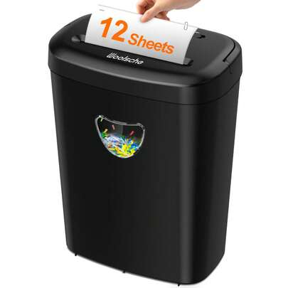 Distruggidocumenti, distrugge 12 fogli alla volta, può distruggere carte di credito/CD e graffette, distruggidocumenti con un contenitore per i rifiuti da 25 litri