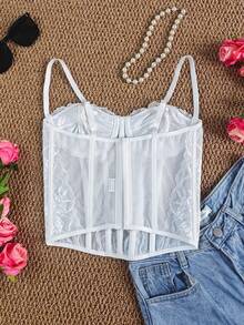 Y2K Lace Spaghetti Straps Underwire Boned Crop Top - Women's Bust-Enhancing Slimming - White - View 12