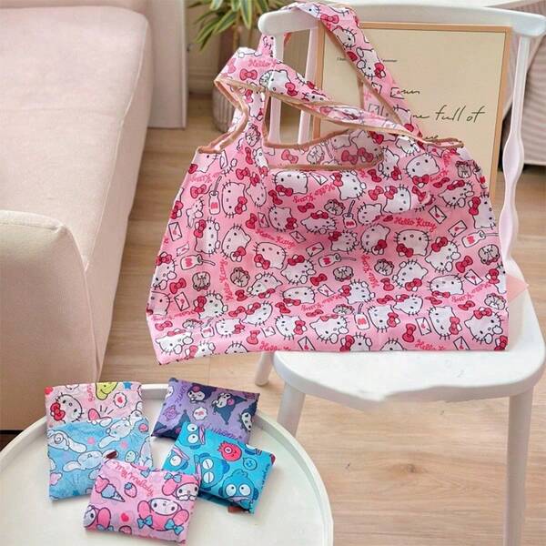 Sanrio 1 pieza Bolsa plegable grande de Hello Kitty, conveniente para transportar, bolsa de compras de supermercado de gran capacidad, bolsa de almacenamiento de tela Oxford