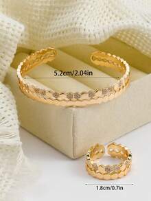 时尚奢华蜂窝状锆石开口戒指和手链套装，适合作为礼物送给女性，日常约会、派对、斋月等场合佩戴。 - 金黃色1 - 查看 6