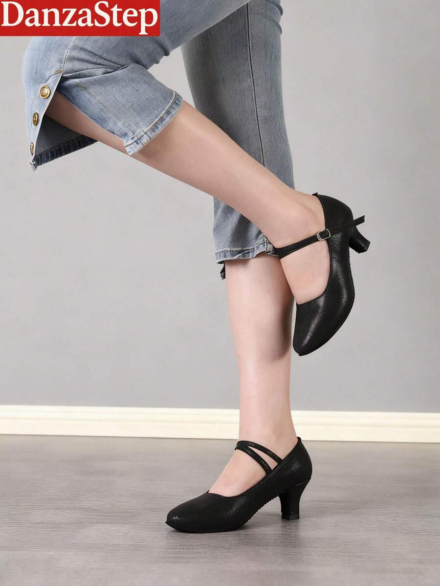 Black Latin Ballroom Dance Shoes For Women, Slip-On And Buckle Design, Soft Flexible Sole For Indoor Floor Training Practice Performance