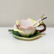 1 Set Handpainted Floral Ceramic Tea Cup & Saucer, 3D Sculpted Rose, Tulip, Daisy Flower Coffee Mug, 1pc 150ml(5oz) Cup With Handle, 1pc Leaf Plate, 1pc Butterfly Spoon, Unique Home Decor, Valentines, Mother's Day, Christmas Gift