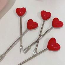 5/10支装心形水果叉，创意不锈钢水果签，可爱甜点蛋糕开胃菜串 - 紅色 - 查看 10