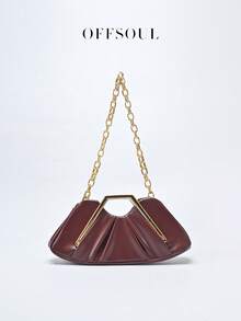 Vintage Asymmetrical Ruffle Cloud Clutch Bag, Unique Metal Hardware Handbag, High-End Retro Clutch Purse For Party, Banquet - 酒紅色 - 查看 3