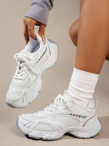 女士新款休闲运动鞋，透气网面厚底坡跟系带轻便百搭时尚运动鞋，白色/灰色，适合所有季节，运动休闲鞋 - 白色 - 查看 8