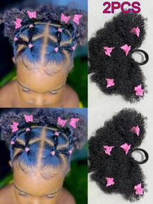 Kids Ponytail With Butterfly Clip Afro Puff Soft Marley Kinky Bulk For Hair Girl With Elastic 2pcs