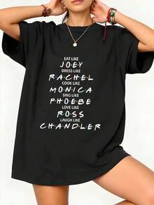 Friends Character Traits Graphic Oversized Tee,Print Round Neck Short Sleeve Pure Cotton Tops Casual Versatile T-Shirt For Women,220 Grams Heavyweight Cotton Printed T-Shirt,Summer Outfit - màu đen - Xem 1