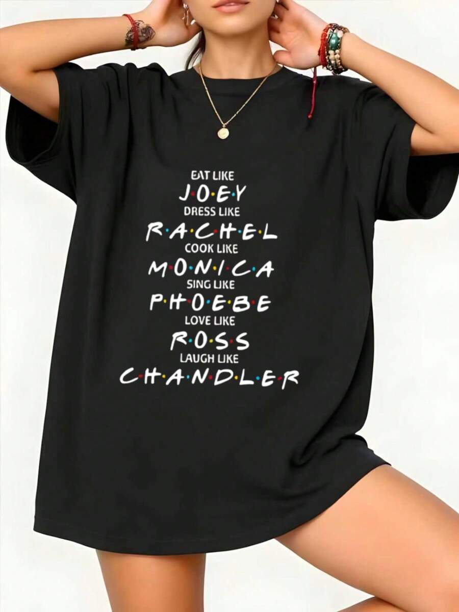 Friends Character Traits Graphic Oversized Tee,Print Round Neck Short Sleeve Pure Cotton Tops Casual Versatile T-Shirt For Women,220 Grams Heavyweight Cotton Printed T-Shirt,Summer Outfit - màu đen - Xem 1