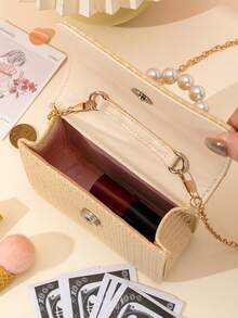 1 pieza Bolso de mano con textura de paja falsa de unicolor con perlas, bolso cruzado con cadena de metal, adecuado para salidas, regalo de cumpleaños, regalo de vacaciones