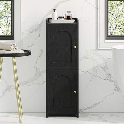 HEXCELEN Bathroom Storage Cabinet, Slim Bathroom Floor Cabinets With Door And Adjustable Shelf, Freestanding Corner Storage Unit, Narrow Toilet Paper Cabinet For Small Spaces, Black