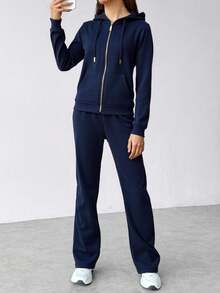 Conjunto de sudadera con capucha y cremallera para mujer -pantalones de pierna ancha, estilo casual y moderno, ideal para múltiples ocasiones. Tela suave y transpirable, diseño con detalles en negro y oro, - Zafiro 1 - Ver 2