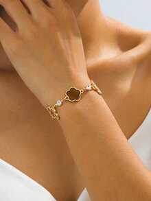 1pc Elegant Luxury Rhinestone Hollow Clover Brown Sweet Five-Leaf Clover Women Bracelet - Brown - View 4