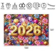 优雅的 2026 新年庆祝背景幕布，饰有金色气球、烟花和花卉图案 - 浅粉色/蓝色/紫色/金色/桃色派对装饰，中心装饰有数字 2026 - 室内/横幅，适用于婚礼、生日、新年、情人节、春/夏/秋季活动，有多种尺寸可供选择。 - 彩色 - 查看 7