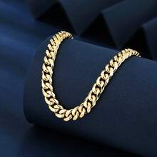 1pc 18K Gold Plated Solid Copper 7mm Wide Cuban Link Chain Necklace With Safety Clasp, Fashionable Unisex Hip Hop Style Necklace - Gold - View 3
