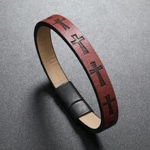 European And American  Alloy Leather Bracelet Men's Printed Cross Bracelet Magnet Buckle Retro Simple Woven Leather Bracelet - 咖啡 - 查看 10