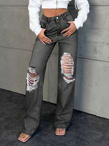 wide leg jeans mujer Vaqueros cortos de poliéster para mujer, estilo casual, de pierna recta, lavados y con roturas, ligeramente elásticos. - Gris - Ver 5