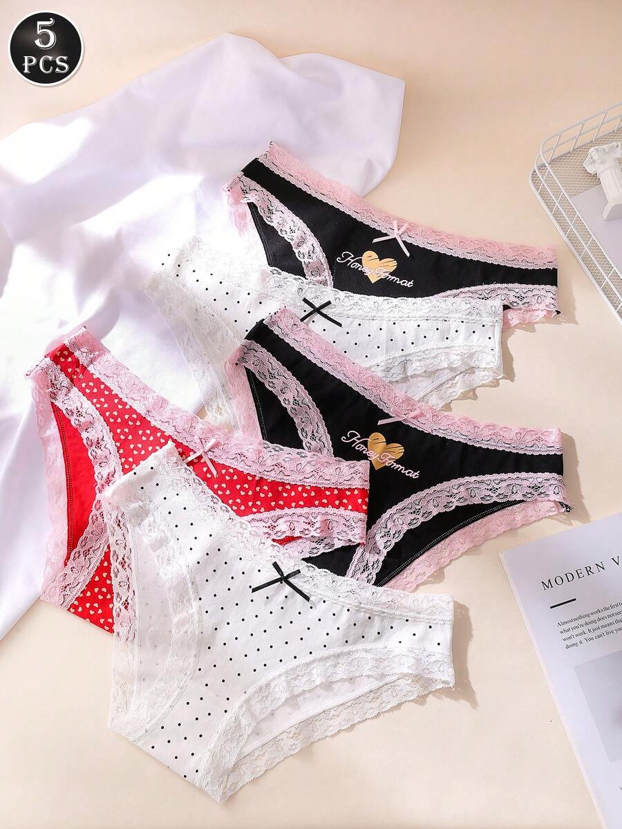 5pcs/Set Women's Sexy Romantic Lace Trim Printed Cotton Lingerie Set