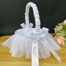 1pc White Petal Basket, Satin Bow Flower Basket, Suitable For Wedding