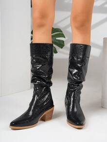 Bottes mi-mollet à talon épais avec enfiler pour femmes grande taille, couleur unie - Noir - Voir 4