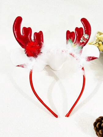 1pc Women's Christmas Red & White Furball Reindeer Antler Feather Cute Party Decorative Headband, New Style Performance Hair Clip