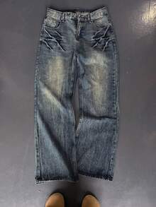 男士深蓝色做旧水洗宽松牛仔裤，复古超大款阔腿牛仔裤，质感粗犷，街头风 - 深色水洗藍 - 查看 1