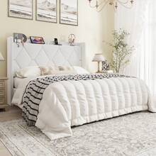 SHA CERLIN Full/Queen/King Velvet Upholstered Bed Frame With Charging Station, Modern Wingback Storage Headboard, Diamond Stitched & Gold Trim, No Box Spring Needed, Easy Assembly, White - Xem 1