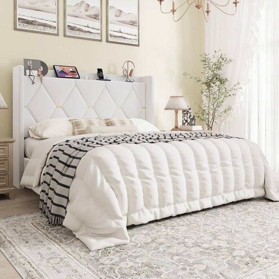SHA CERLIN Full/Queen/King Velvet Upholstered Bed Frame With Charging Station, Modern Wingback Storage Headboard, Diamond Stitched & Gold Trim, No Box Spring Needed, Easy Assembly, White - Xem 1