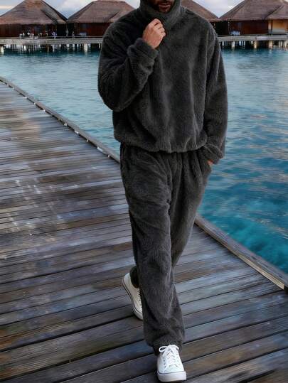Men's Fluffy Turtleneck Sweater, Loose Casual Outfit