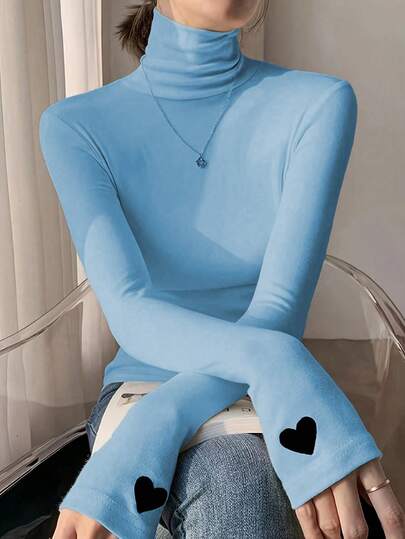 女式修身心形图案高领长袖上衣，春夏