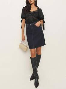 Womens Summer Satin Tops Lace Patchwork Short Puff Sleeves V-Neck Blouse With Adjustable Ribbon Ties - Black - View 4