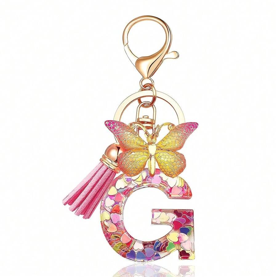 JINGUAZI Initial Letter Keychains For Women Tassel Butterfly Pink Purple Cute Car Keychain For Wallet Backpack Bag Charm{Inchcolor_nameinch:InchG-Pinkinch} - G-粉紅色 - 查看 1