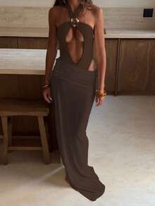 新款女士时尚露背金属环装饰性感优雅纯色比基尼套装，含迷你裙，适合海滩、度假、派对、夏季约会等场合。 - 卡其色 - 查看 4