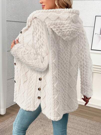 Long Solid Color Diamond Pattern Soft Fleece Front Button Cardigan, Everyday Wear, Autumn/Winter