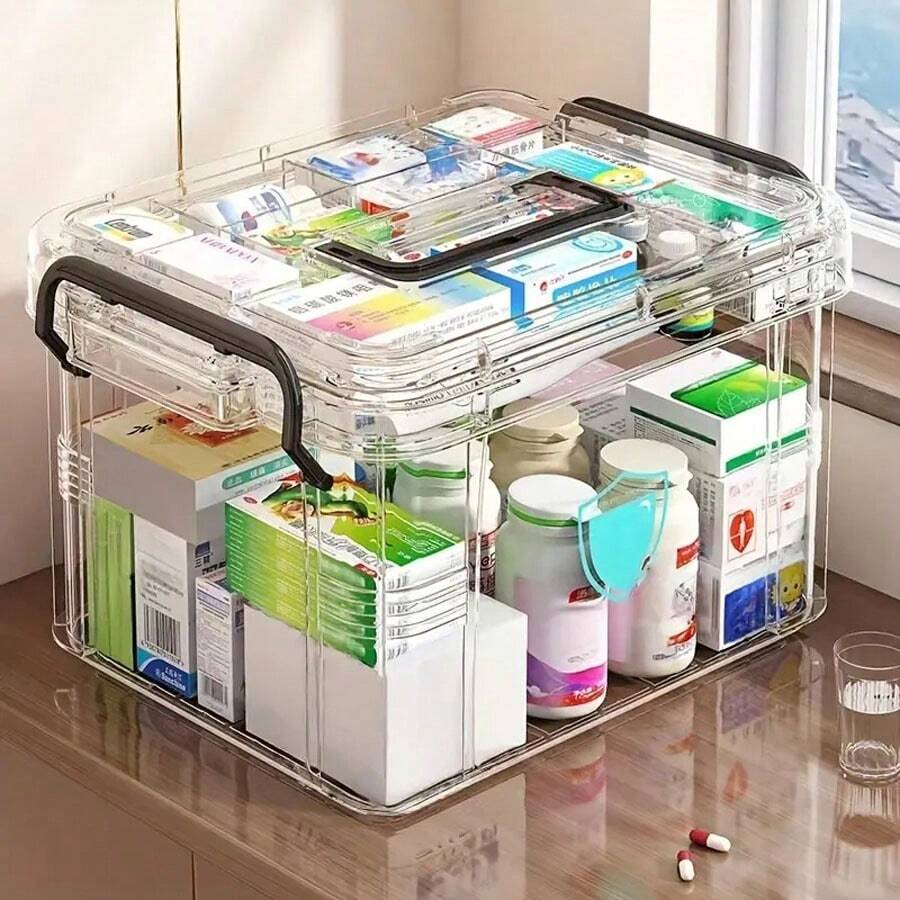 1 pieza Organizador de medicina de doble capa transparente de PVC de gran capacidad - Fácil acceso, ideal para el hogar y los viajes, sin necesidad de energía, ligero, acabado mate, montaje sobre encimera, diseño independiente, uso multipropósito, cajas de almacenamiento para organizar