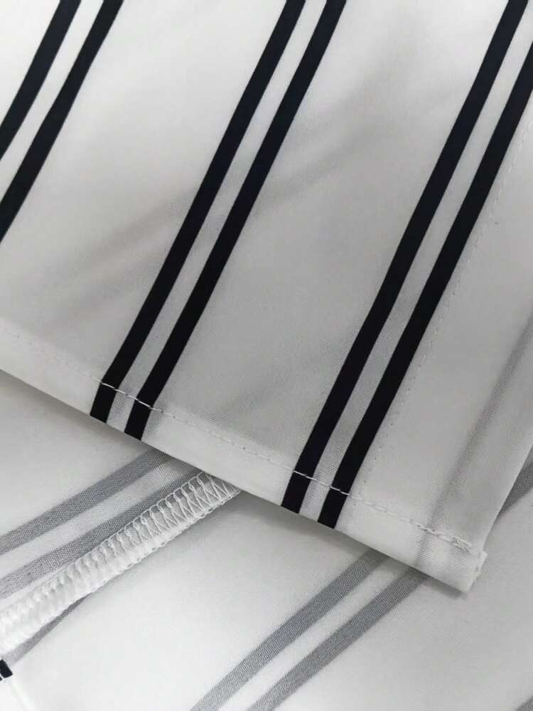 Women's 3 PiecesCasual Outfit Set: Striped Shirt Jacket, Sleeveless Square Neck Top, And Elastic Waist Wide Leg Pants, Suitable For Commuting, Autumn/Winter - Navy Blue - View 7