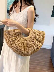[US-Based Shipping]1pc Large Capacity Khaki Handbag Tote Bag Woven Bag Open Straw Bag Round Bag,Large Capacity Khaki Tote Bag, Woven Straw Open Top Round Bag,For Travel And Vacation Beach,Pleated Semi-Circle Woven Solid Color, Fashion Straw Handbag For Women,Eye-Catching Beach Bag Summer,Travel, Daily Shopping, Great Mother's Day Gift,New Summer Vacation Style Solid Color,Vacation Essentials,Perfectly Matching With Beach Accessories Women,Woven Large Capacity Purse And Handbag Basket Bags Fashion Travel Shoulder Shopper Totes,Crescent Moon Bag For Women, Straw Purse,Beach Necessities,Women's Fall Clothing Winter Clothing Christmas Gift Fall Autumn Velvet Furry Party Fuzzy Plush Thanksgiving Festival Cyber Monday Holiday Knitted Winter,Stitch Purses And Bags Women Black Purse Bags For Women Carteras Para Mujer Gold Purse Brown Purse Pink Purse Crossbody Bags For Women Bolsos Para Mujer Handbags For Women Shoes Tote Bags For Women - 彩色 - 查看 2