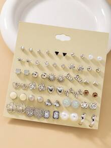 Bộ 30 đôi bông tai đính ngọc trai giả kim loại, nhiều kiểu dáng khác nhau bao gồm hình lá, ngôi sao, hoa, ngôi sao, trái tim, nơ, thời trang và dễ thương, thích hợp để đeo hàng ngày, quà tặng cho phụ nữ - Bạc - Xem 4