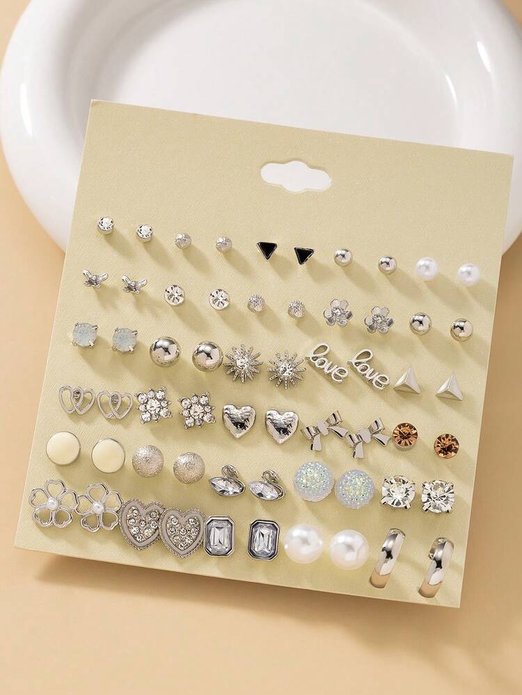 30对/套 金属仿珍珠耳钉，款式多样，包括叶子、星星、花朵、心形、蝴蝶结等，时尚可爱，适合日常佩戴，女士礼物 - 銀色 - 查看 4