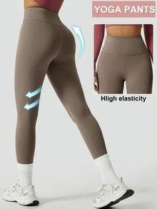 1 pieza Pantalones deportivos de ciclismo de cintura alta elástica de unicolor minimalista para mujer, primavera - Marrón - Ver 1