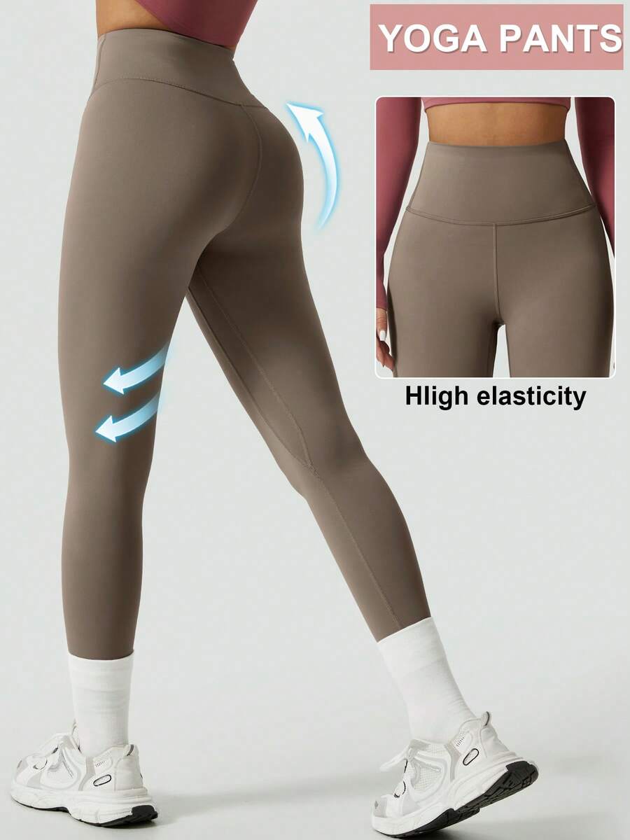 1 pieza Pantalones deportivos de ciclismo de cintura alta elástica de unicolor minimalista para mujer, primavera - Marrón - Ver 1