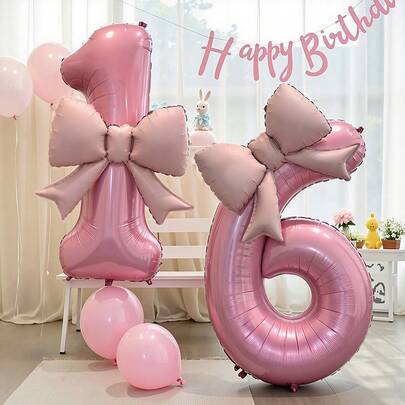 3pcs Pink Number Balloon With Bow Foil Balloon Set For Princess Birthday Party Decorations Supplies Photobooth Props Women Birthday Parties, Weddings, Outdoor Events, Anniversaries Decor New Year Decor