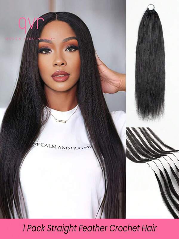 QVR QUEEN VIRGIN REMY Extensión de cabello humano con plumas rectas de ganchillo QVR 1 paquete, color negro natural, para trenzas bohemias sin nudos y peinados protectores