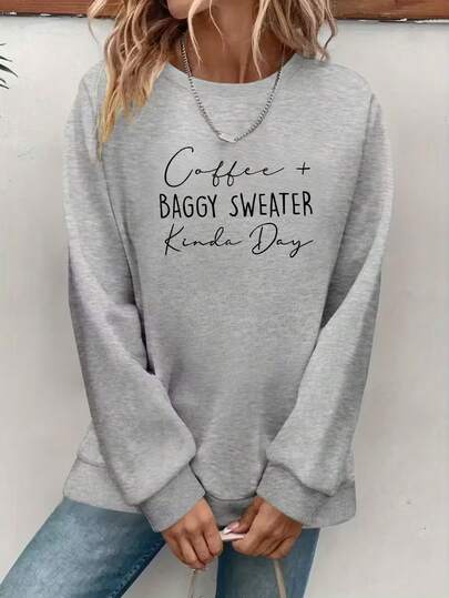 Plus Size Women's Round Neck Sweatshirt, Halloween Letter Element Pattern, Autumn And Winter Casual Sports Long-Sleeved Loose Sweatshirt, Street , Suitable For Autumn And Winter Clothing, Retro Style, Women's Tops.