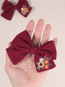2pcs Red Fabric Bow Hair Clips, Floral Embroidered Hair Accessories, Fashion Hair Pins, Suitable For Girls, Teens, Children Party Gifts & Follow Our Store To Get The Latest Styles And Enjoy 8% Off On Your Next Order & DZBB - Red - View 4