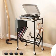 Estantería para CD de estilo retro, mesa auxiliar creativa de acero al carbono para salón, soporte para discos de vinilo, estantería sencilla - Negro + madera - Ver 1